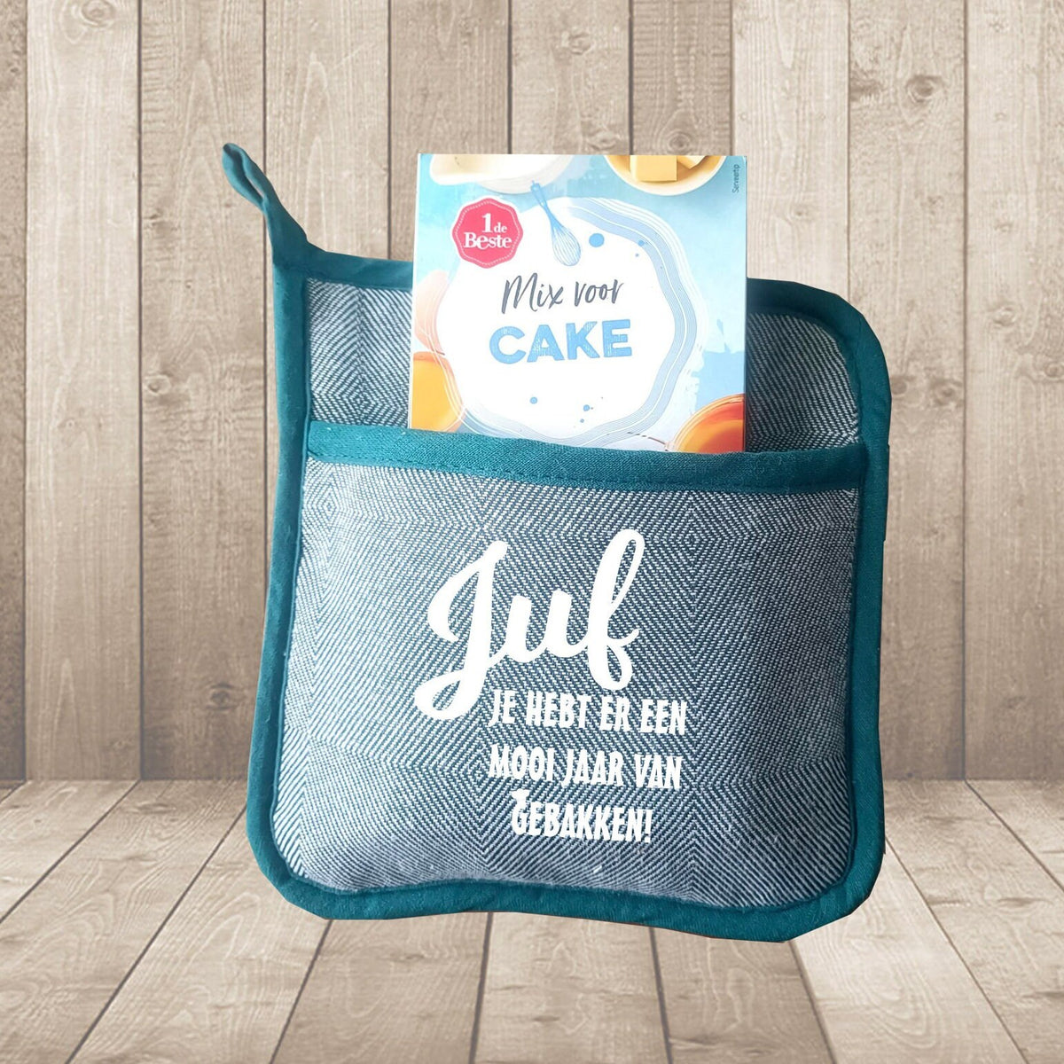 Juf / meester bedrukte pannenlap,Bakplezier,Pannenlap met Design ,Cakemeel Bonus ,Stijlvolle Pannenlappen , Gratis Cakemeel, Bakken in Stijl