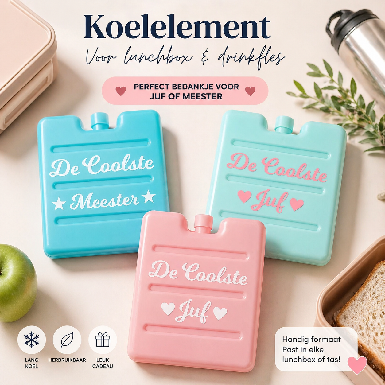 Gepersonaliseerdeq koelelementen, coolste meester ,coolste juf, Custom koelelementen,Persoonlijke koelverpakkingen